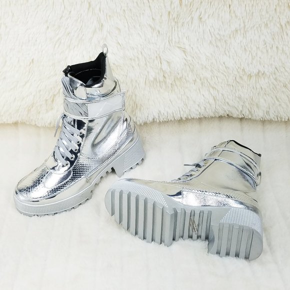 Silver Lug Sole Combat Ankle boots Lynn - Picture 1 of 10